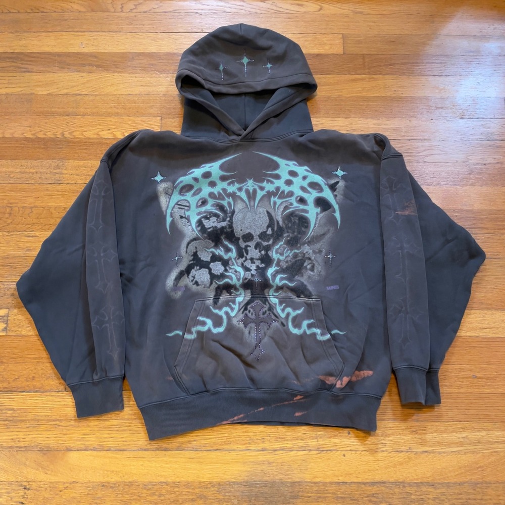 y2k 00s Vitriol Saints Death Metal Gothic Skull Wings Hoodie Faded Black Cross L